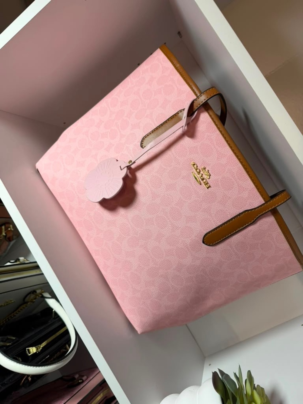 Coach Pink Signature Tote with Tan Leather Trim and Gold Logo
